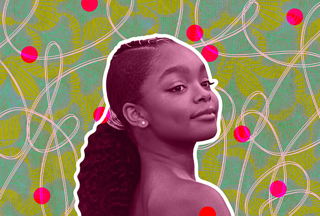 An image of Marsai Martin in a pink overlay is against a multicolored background of lines and dots.