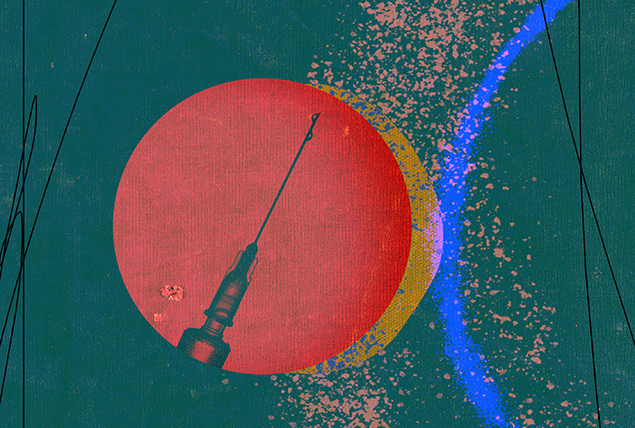 Liquid drips from a vaccine needle that is inside a red circle on a green and yellow background.