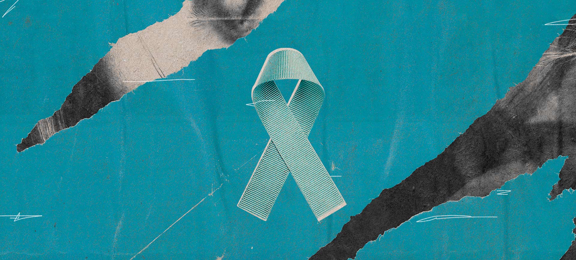 Teal cervical cancer ribbon made of fabric is against a teal background of a torn page.
