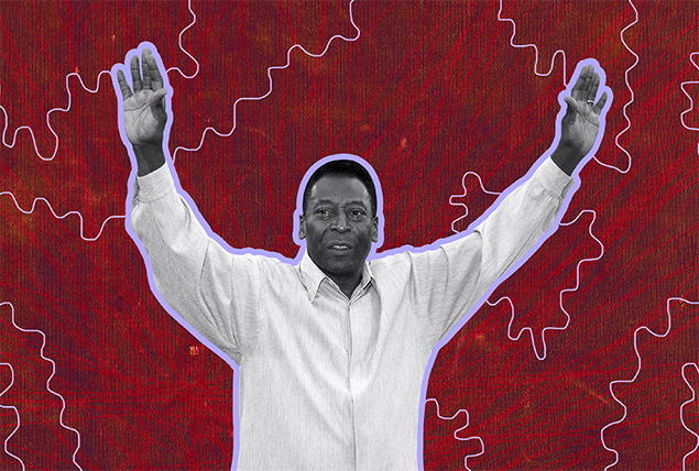A grey photo of Pele with his arms raised up has a lilac border against a background of red and lilac lines.