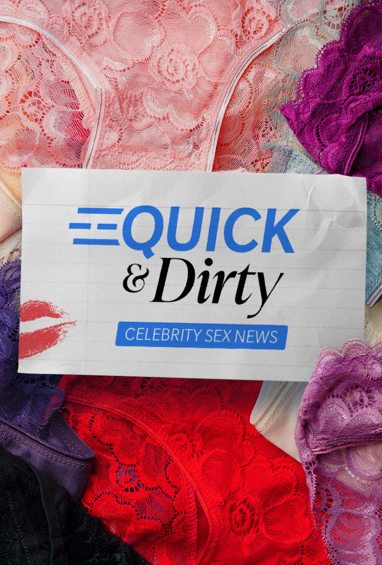 A sign for Quick and Dirty Celebrity Sex News is laying on an assortment of lacy underwear.