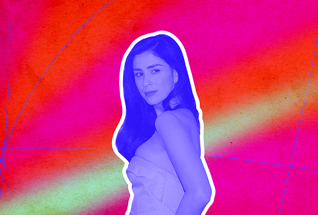 A purple image of Sarah Silverman is over a neon red and pink background.