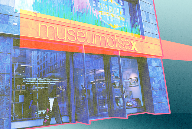 A blue cutout of the front of the Museum of Sex in NYC is against a green background.