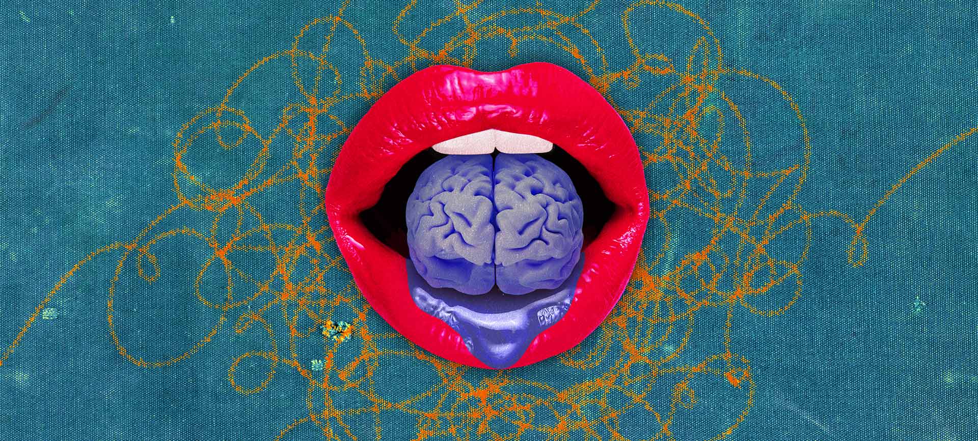 A purple brain sits between a pair of open red lips against a teal background.