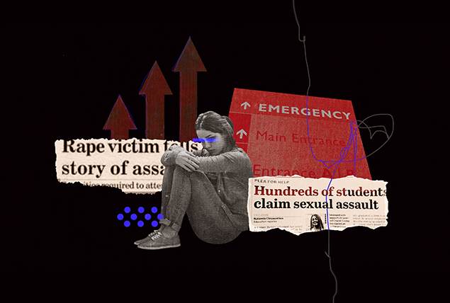 A woman sits on the ground with her arms wrapped around her knees, surrounded by news clippings about sexual assault.