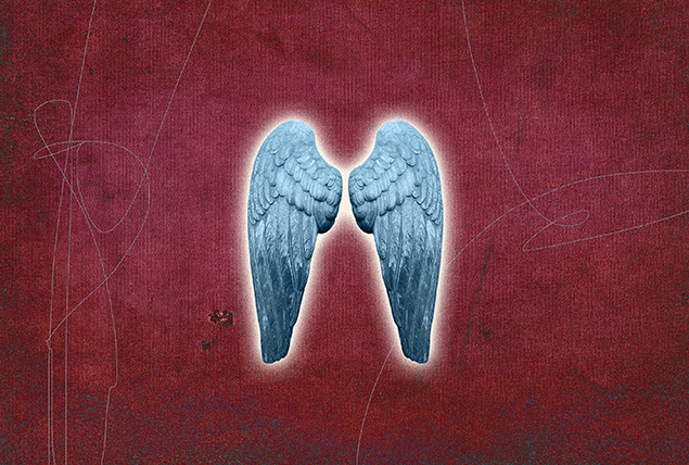 A pair of white angel wings glows against a burgundy background.