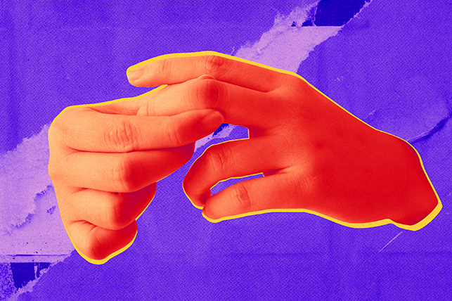 A reddish-orange hand holds a knuckle on the other hand against a purple background.