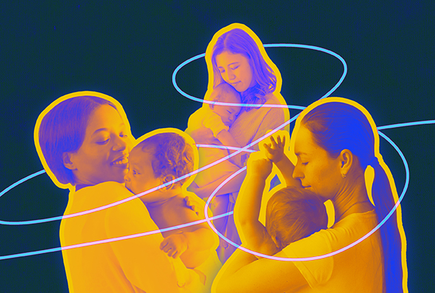 Three mothers hold their newborn babies under a yellow overlay against a green background.