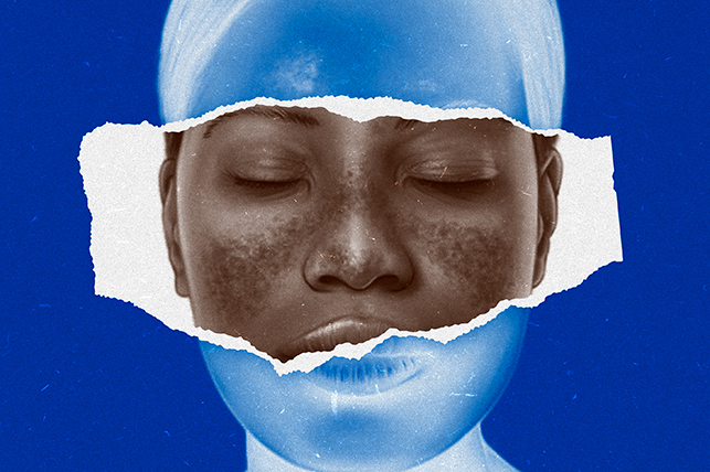 A portion of a blue inverted facial image is torn to reveal a black and white image.