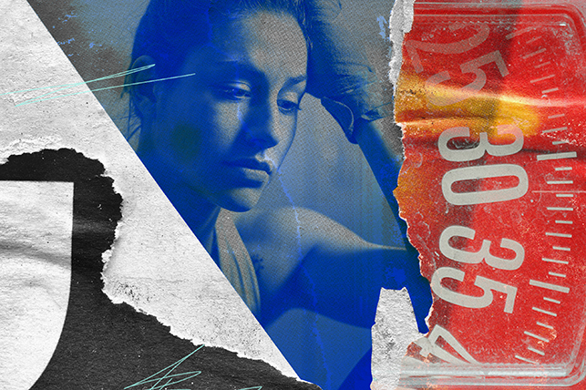 A torn image of a red scale is collaged with a blue image of a woman holding her head.