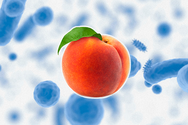 A peach is in the center of a background of a blue microbiome.
