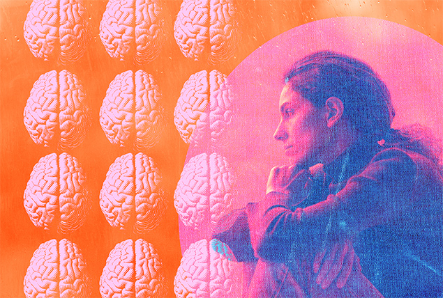A pattern of pink brains is next to a woman sitting down on the ground with her arms around her knees.