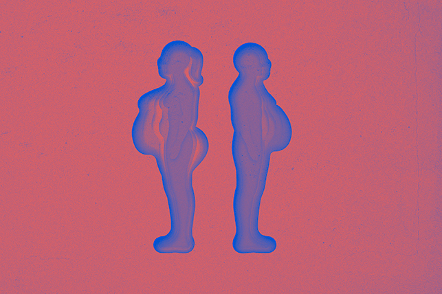 Obese male and female figures stand back to back in blue against a pink background.