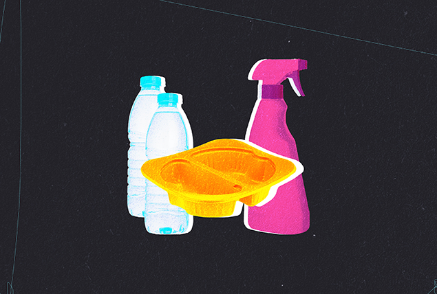 A plastic disposable food container sits between two bottles of water and a chemical cleaner.