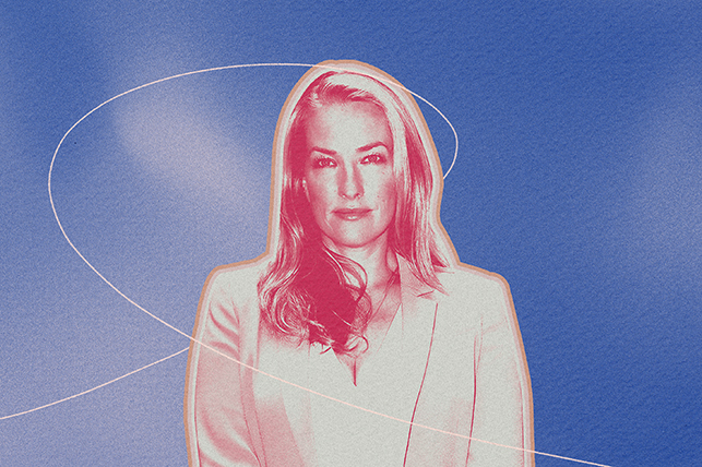 A red image of Tatjana Patitz is layered on a blue and white cloudy background.