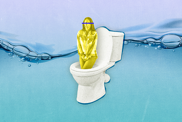 A yellow-tinted woman with a blue line over her eyes crosses her legs and holds her hands over her crotch as she's lowered into a toilet.