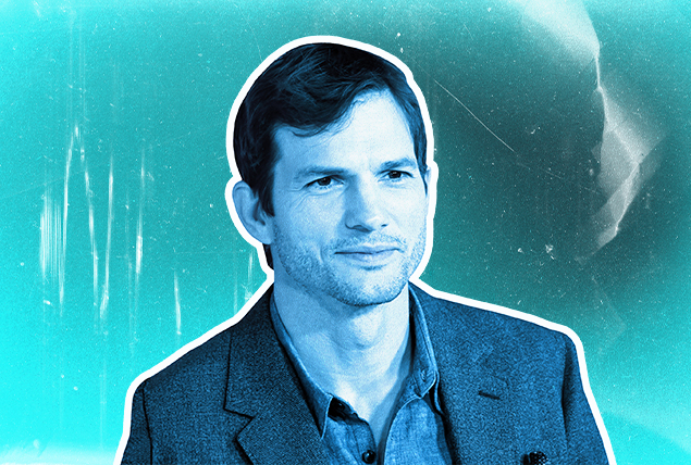 An image of Ashton Kutcher has a teal overlay against a teal background.