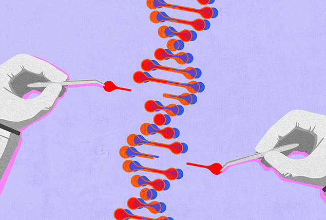 Two gloved hands pick genes out of a DNA strand.