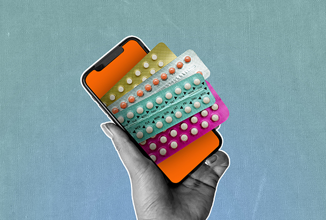 A hand holds up a cellphone with different packets of birth control coming out of the screen.
