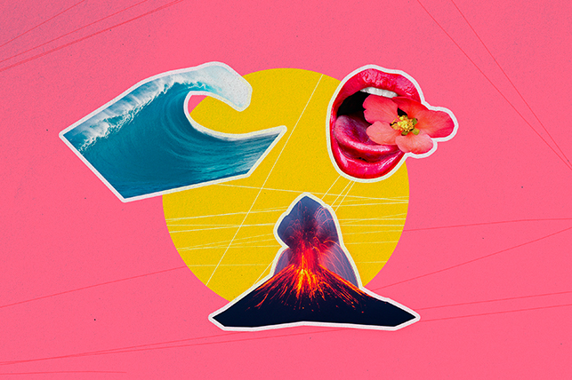A volcano sits on a yellow circle with a wave and a pair of open lips against a pink background.