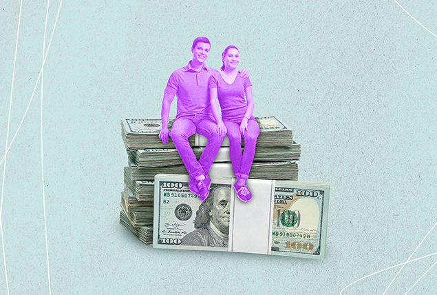A purple couple sits on a stack of bound hundred dollar bills.