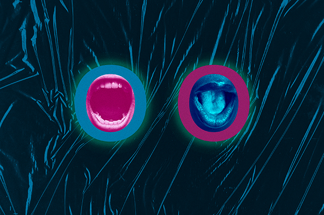 A pink open mouth is in the middle of a teal circle and next to a teal open mouth inside of a pink circle.