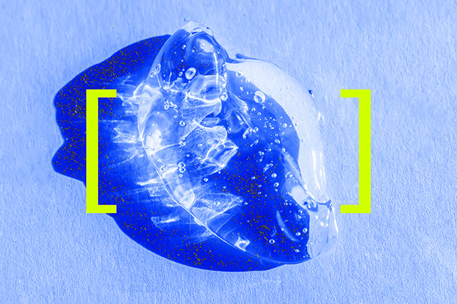 Clear gel casts a blue shadow with two lime yellow brackets on either side.