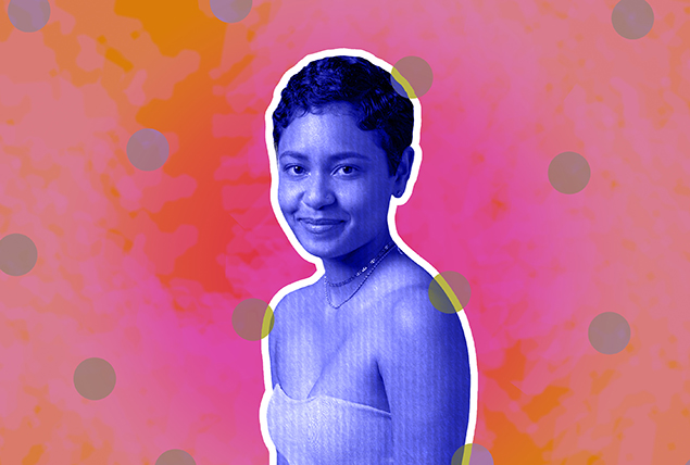 A purple image of Love is Blind star Iyanna McNeely is against a pink and orange background.