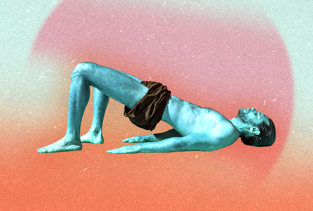 A teal man does Kegel exercises against a peach and yellow background.