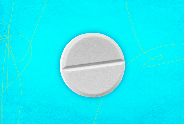 A white pill is in the center of a bright teal background.