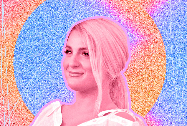 A red-carpet image of Meghan Trainor is collaged against a light blue and orange background.