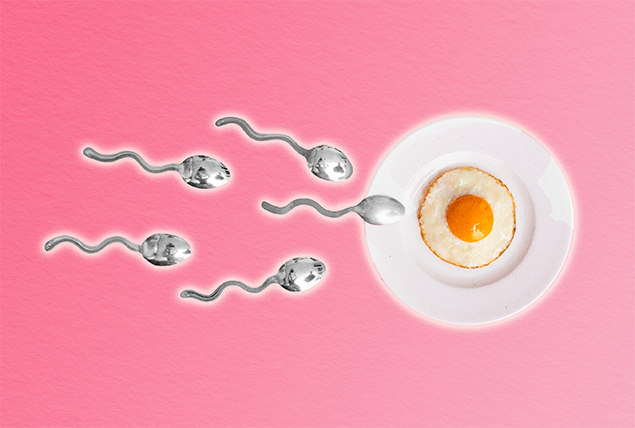 A fried egg sits in the middle of a plate as several spoons with wiggled ends point towards it.