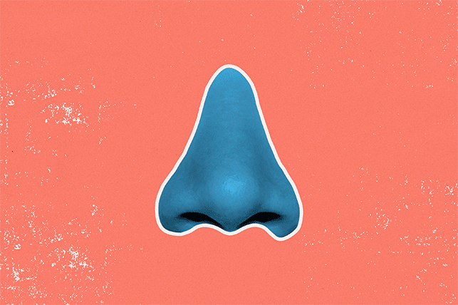 A teal nose grows bigger against an orange background.