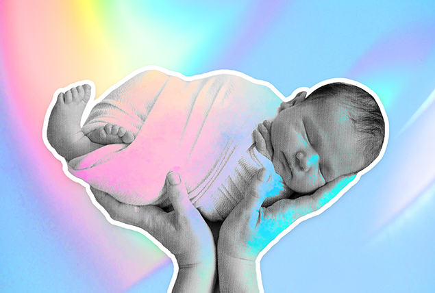 A newborn baby is held in two hands with a rainbow iridescent overlay.