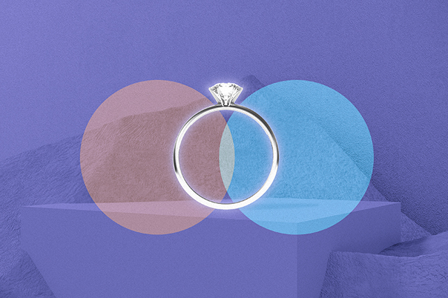 Pink and blue circles overlap under an engagement ring against a purple background.