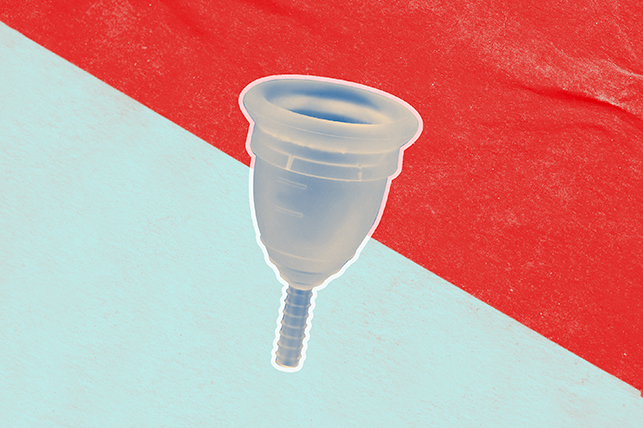 A menstrual cup is layered against a half off-white and red background.