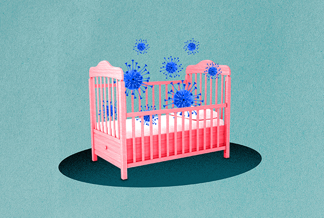Blue syphilis virus cells bounce on a pink crib against a teal background.