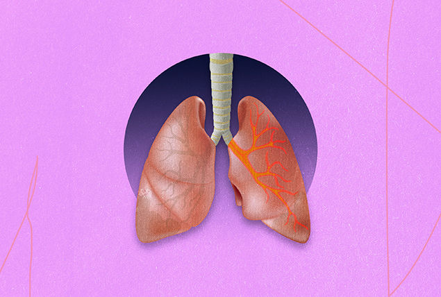 A pair of lungs come through a hole in the pink background with the left showing disease.