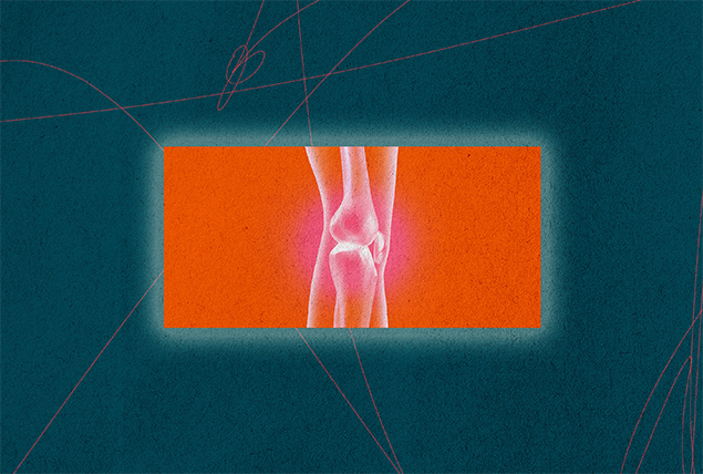 An x-ray of a leg is against an orange background with the knee joints glowing.