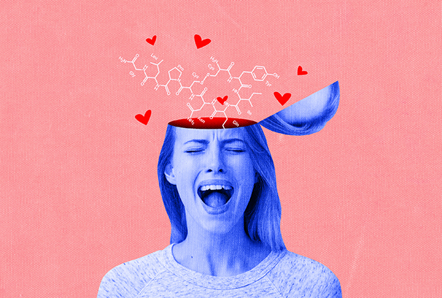 The molecular structure for oxytocin and hearts come out of the head of a purple woman as she screams.