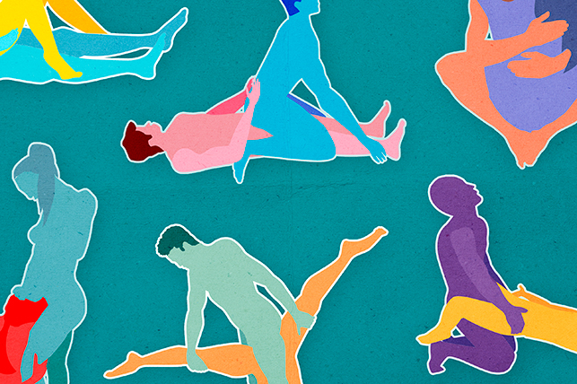 Six new sex positions are illustrated against a dark teal background.