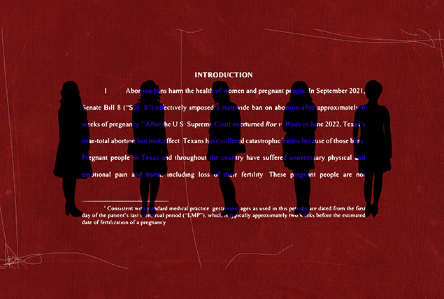 Five women stand in a row as the introduction to legistlation regarding abortion layers over them against a red background.