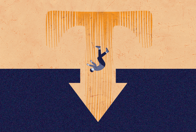 An arrow made out of the letter T leads downward from an orange space into a dark blue space.