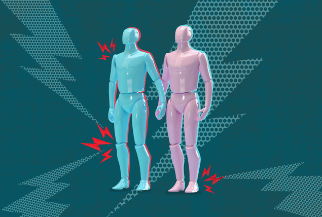 Pink and blue figures stand holding hands with red lightening bolts coming from their joints.