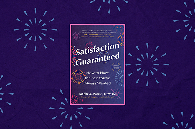 The cover of Satisfaction Guarenteed is shown against a purple background.
