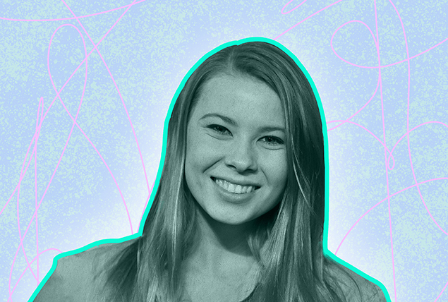 A green image of Bindi Irwin is against a light blue background.