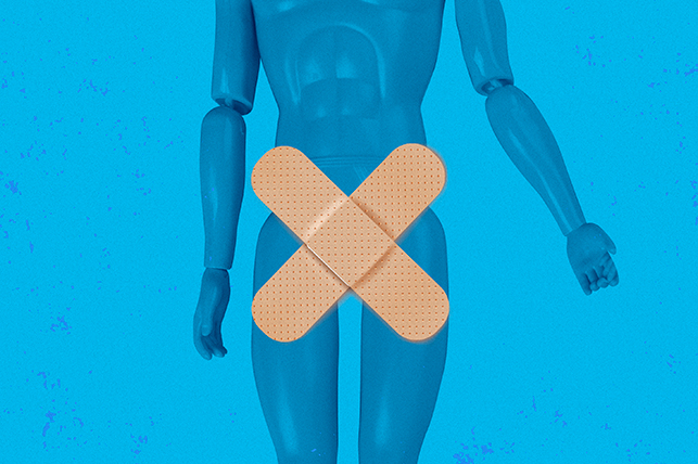Two band-aids make an X over the pelvis of a male Ken doll.