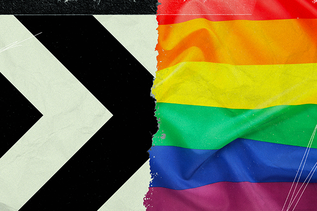 a rainbow pride flag is broken by a black arrow pattern