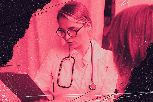 A black image tears away at the middle to show a pink image of a female doctor looking over a clipboard.
