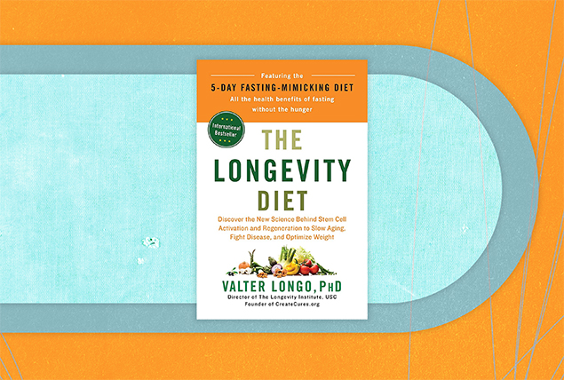 The cover of The Longevity Diet is against an orange and teal background.